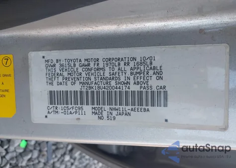 2002 Toyota Prius z USA, uszkodzony, nr VIN JT2BK18U420044174